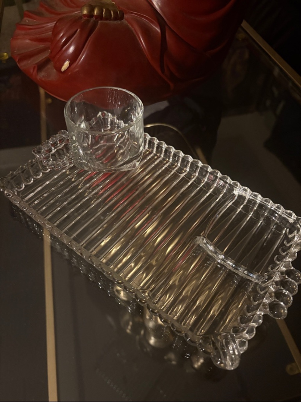 Vintage Clear Glass Divided Tray with Round Glass Cup